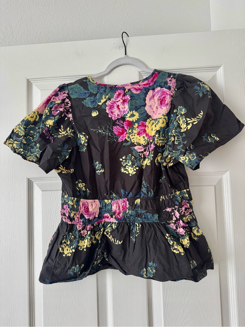 Anthropologie somerset Black Floral Peplum Blouse with Pink and Green Accents - Picture 4 of 4